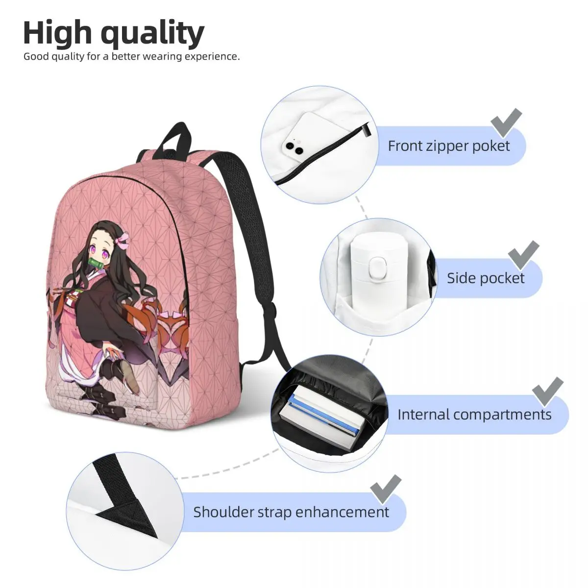 Demon Slayer Nezuko Kamado Backpack for Kindergarten Primary School Student Bookbag Daypack Sports