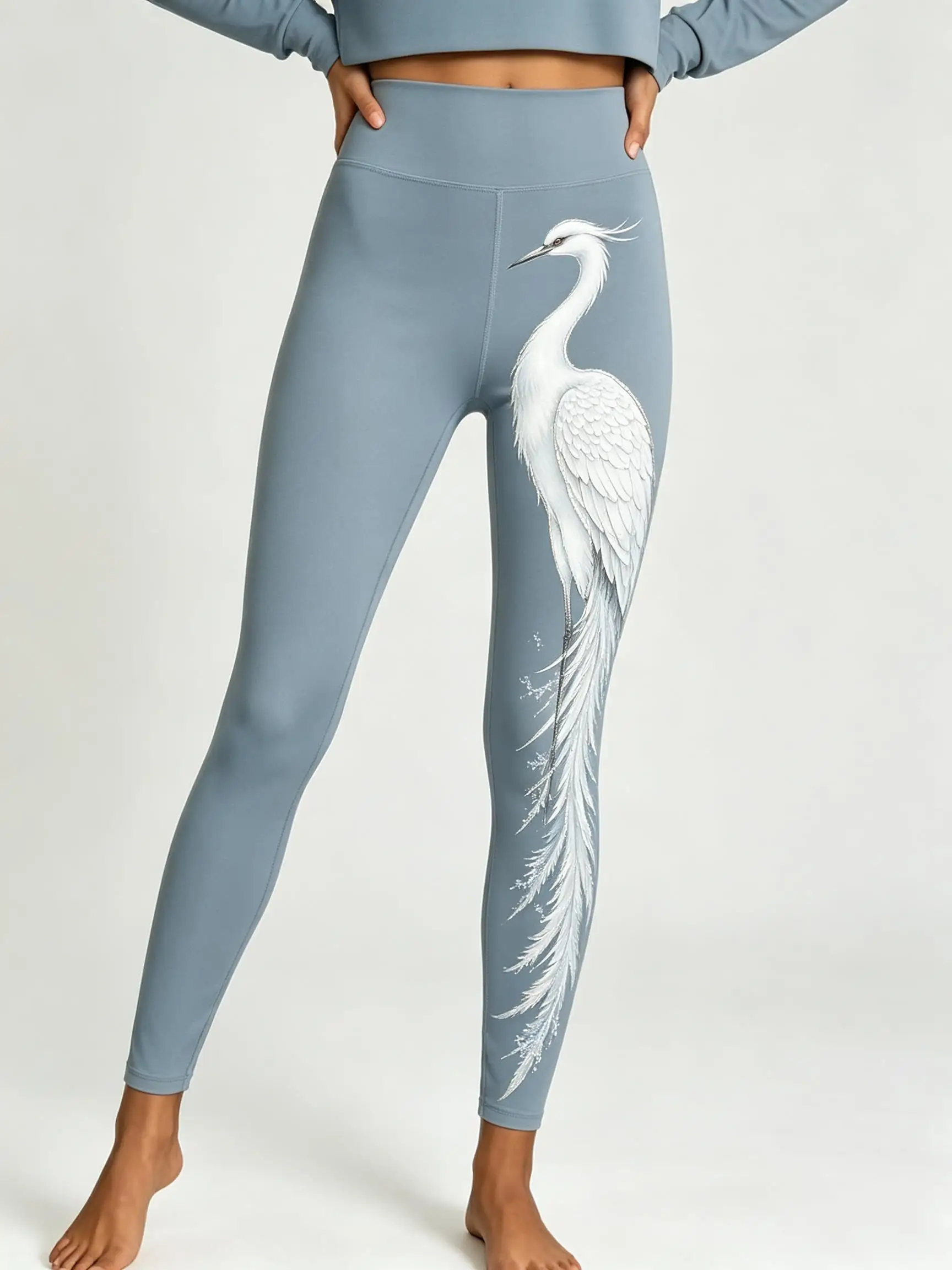 Women Fleece‑lined Mid‑rise Leggings Large White Heron Egret Bird Side‑leg Print Slim Stretch Winter Casual Pants