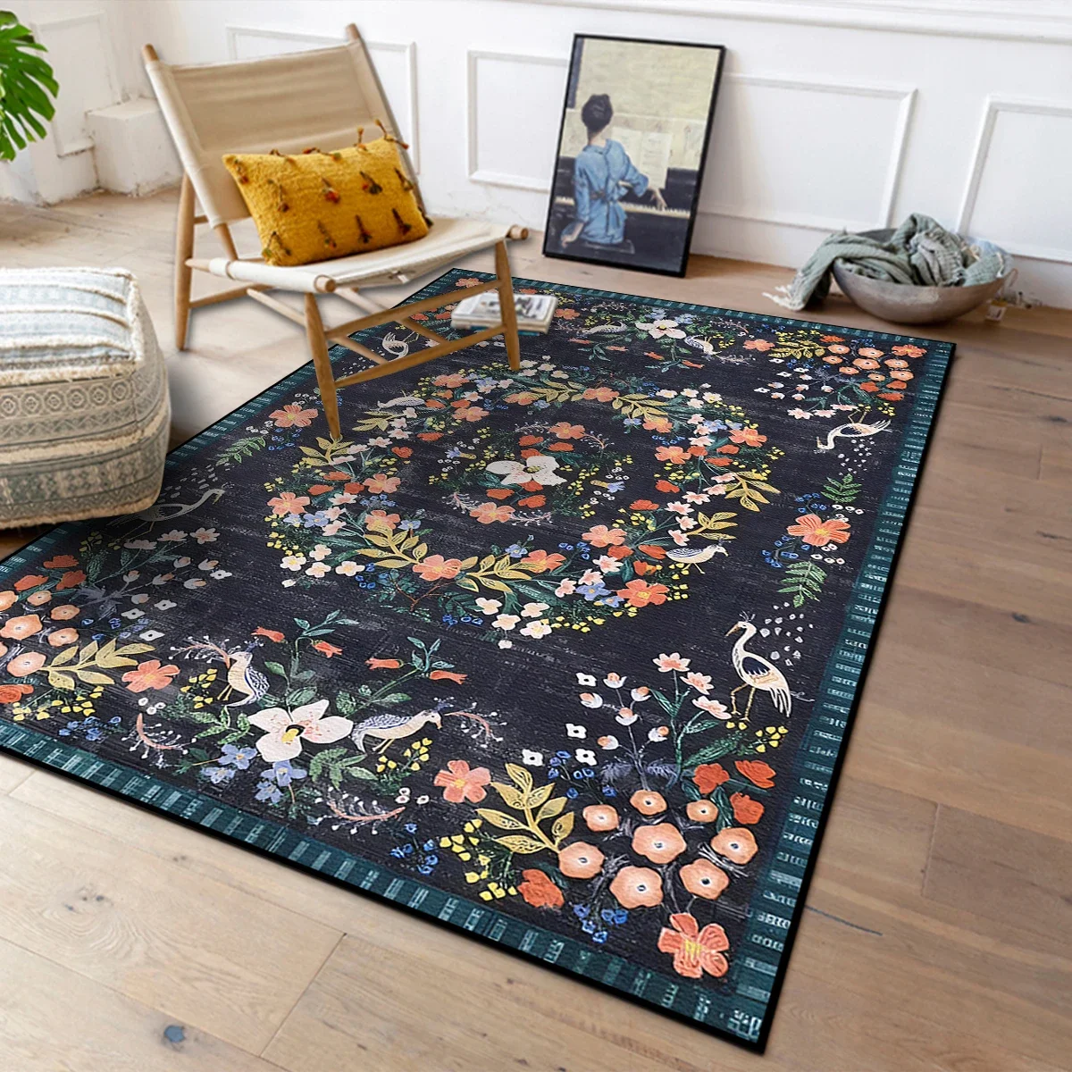 Living Room Carpet French Vintage Floral Pattern Rug Bedroom Bedside Soft Area Rugs Machine Washable Non-slip Large Floor Mat