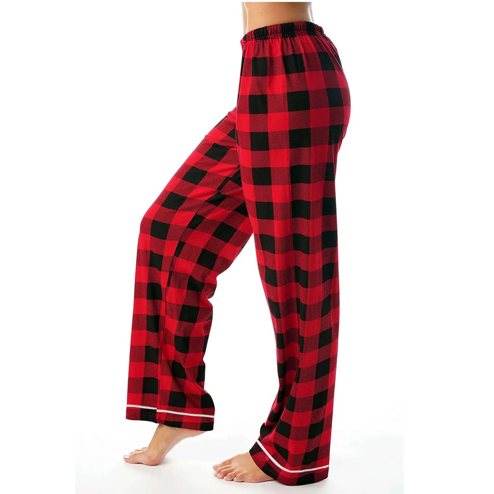 Women Christmas Red Black Green Grey Plaid Pajama Pants Vintage High Waisted Drawstring Long Pants Loose Stright Wide Leg Pants