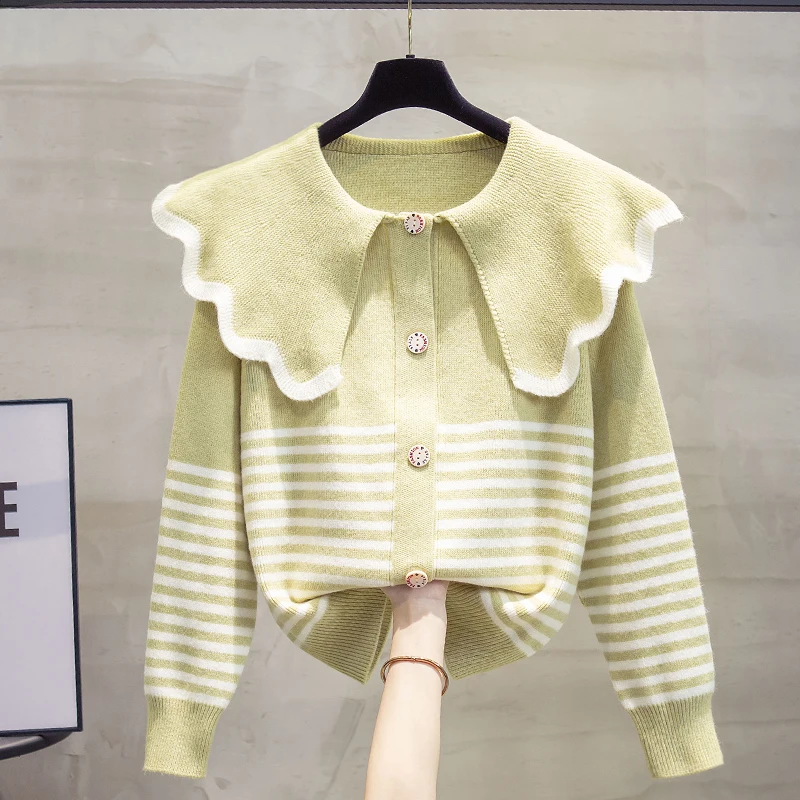 Peter Pan Collar Striped Sweater Single Breasted Knitted Cardigan Women\'s 2024 Spring Autumn New Korean Loose Versatile Coat