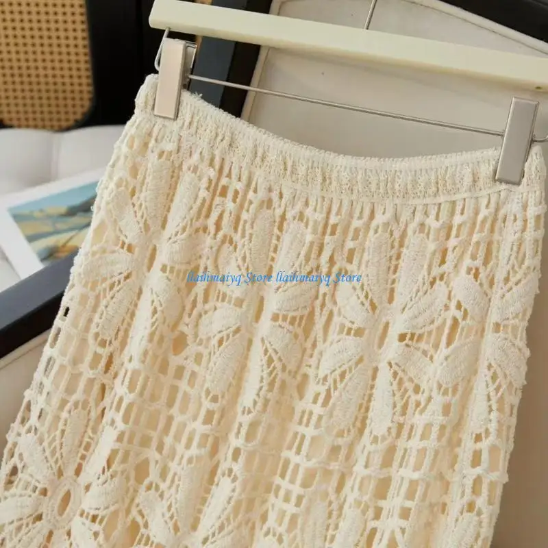573B Bohemian Lace Crochet Knit Maxi Skirt Elastic Waist Hollow Out Long Skirts
