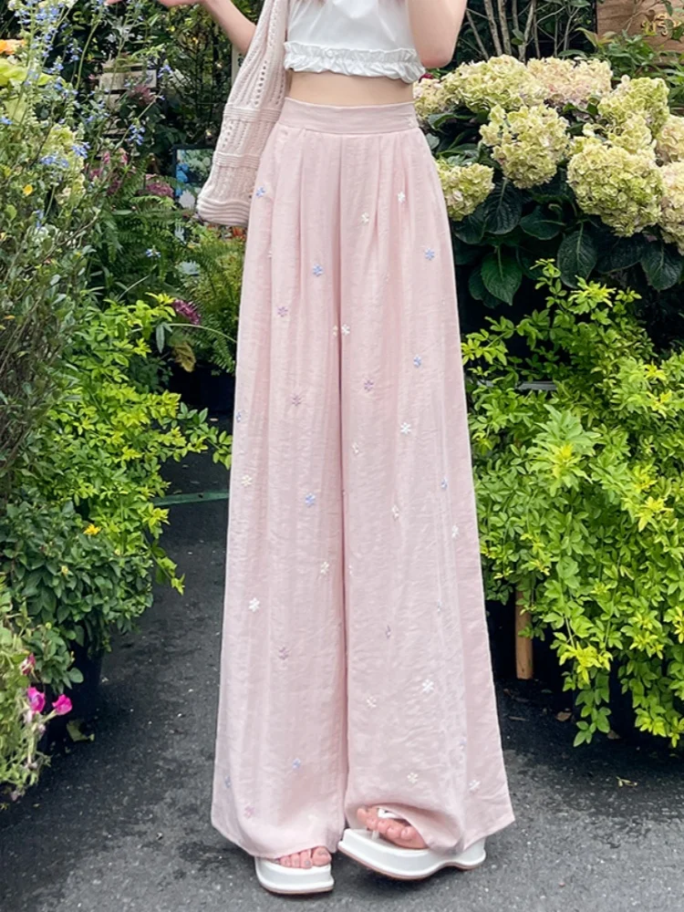 Estilo preguiçoso flor bordado casual linho calças de perna larga para as mulheres 2025 verão novo solto emagrecimento calças de perna reta