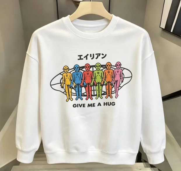 2026 Unisex round-neck hoodie with colorful alien cartoon pattern print. Loose, shoulder-sleeved pullover. Street fashion top.