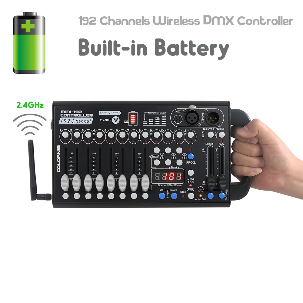 192 bateria dmx controlador sem fio dmx512 recarga receptor para dj equipamentos led par movendo luzes da cabeça