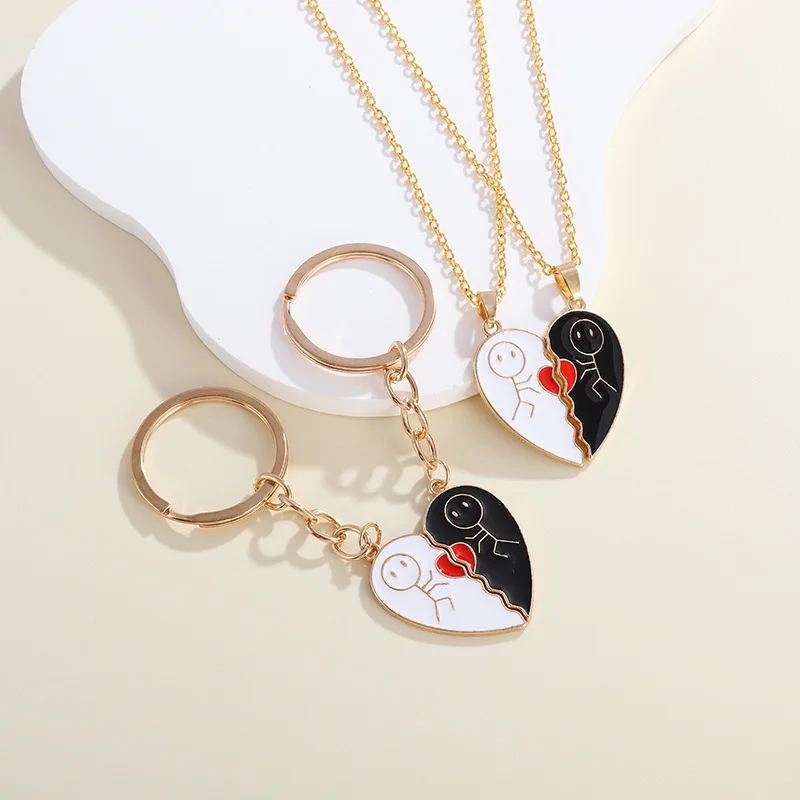 Creative Stickman Heart Charm Couple Magnetic Necklace for Men Women Trendy Splicing Heart Pendant Jewelry Gifts Couple Item