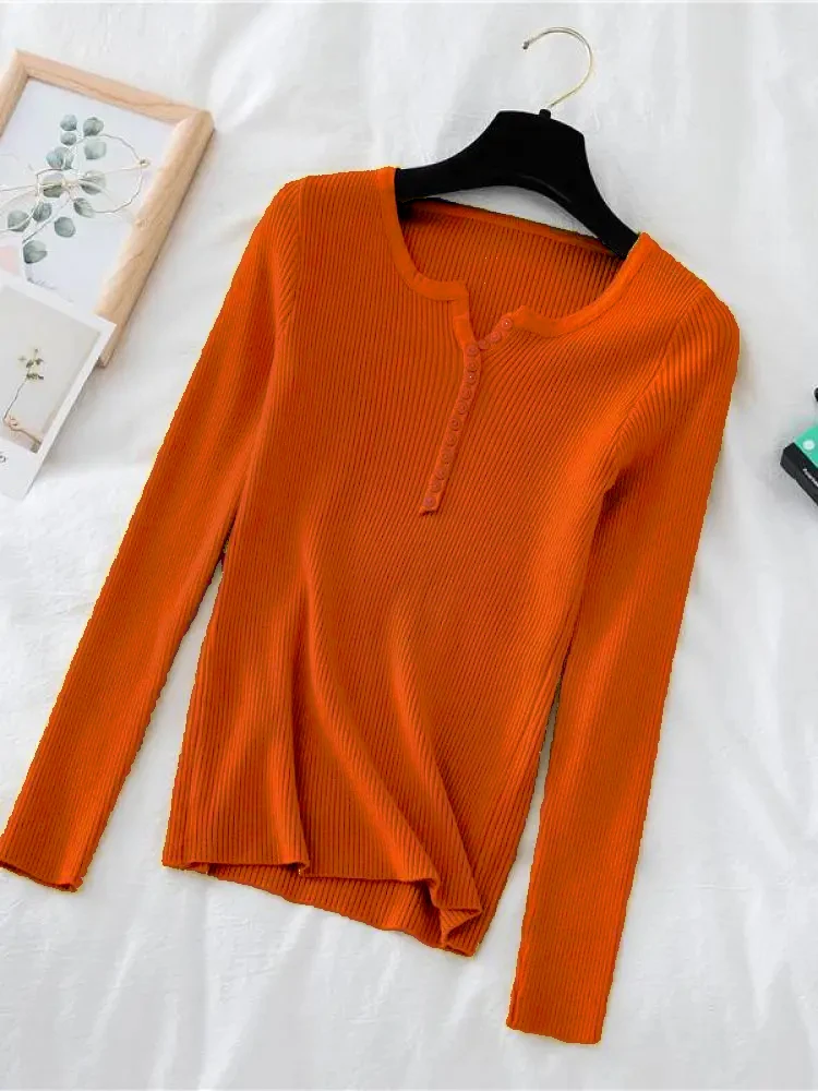 

Autumn Winter Button V Neck Sweater Knitwear Women Basic Slim Pullover Women Sweaters And Pullovers Knit Jumper Soft Warm Tops
