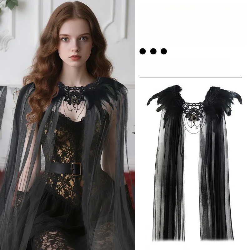 Capa de plumas de Halloween, capa de malla con cuello de piel negra, falda de longitud media, dobladillo, disfraz de actuación en escenario