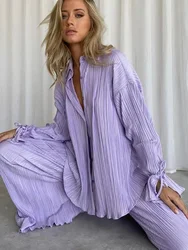 2024 frauen Plissee 2 Stück Sets Langarm Bluse Tops Und Split Breite Bein Hosen Anzug Weibliche Mode Lässig Lose homewear Outfit