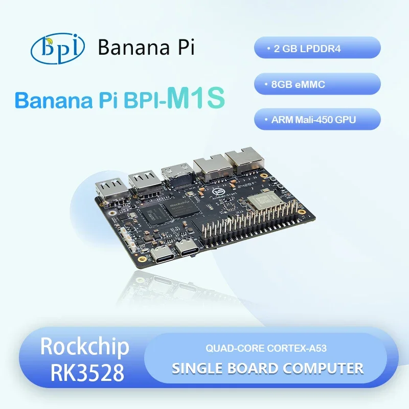 BoMaSBanana Pi BPI-M1S Smart Single Board Computer SBC Rockchip RK3528 Quad-Core Cortex-A53 2GB LPDDR4x 8GB EMMC 4K 60fps