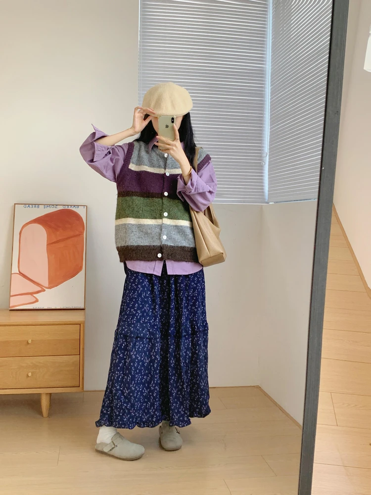 

Amy2025 Autumn Winter New Color Blo Striped Knitted Open Cardigan Svel Women's Vest Commute Sle round Ne Single B...