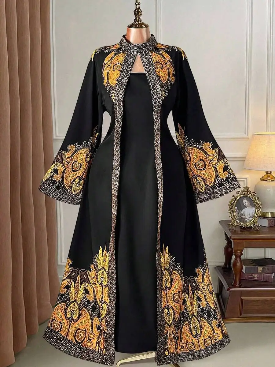 

Black Elegant Maxi Dress with Gold Paisley Print, Mock Neck, Flare Sleeves