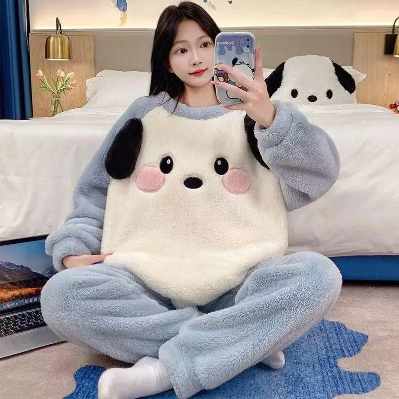 Pajamas Pochacco Women's Autumn Winter Thickened Velvet Coral Velvet Can Be Worn Outside Cartoon Flannel Home Clothes Set Cute view 6