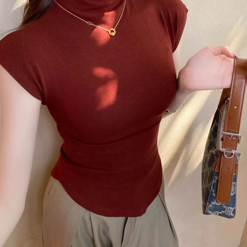 Ladies Fashion Slim Simplicity Elegant Solid Color Pullover Spring SummerNew Style Short Design Half High Neck ShortSleeved Tops