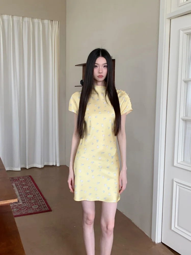 CHEERART Yellow Rabbit Animal Print Satin Short Dress For Woman Summer 2025 Short Sleeve Cute Mini T Shirt Dress Vintage Clothes