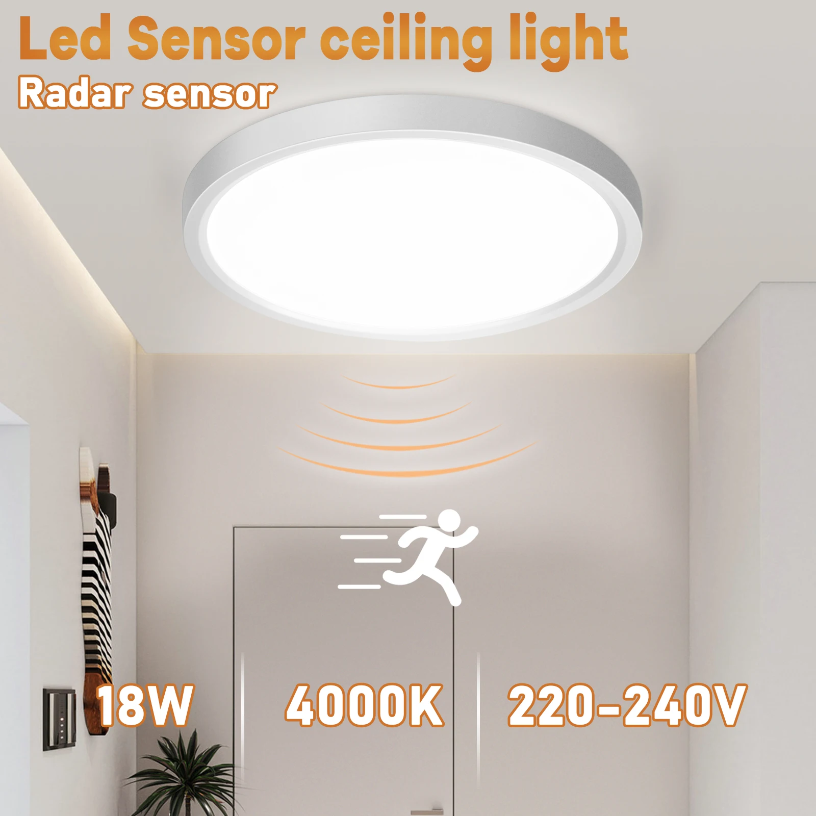 18W LED-Deckenleuchte mit Bewegungssensor, 4000K Ultraflache Runde Lampe, Radar-Sensorleuchte für Flur, Küche, Treppe, 23cm