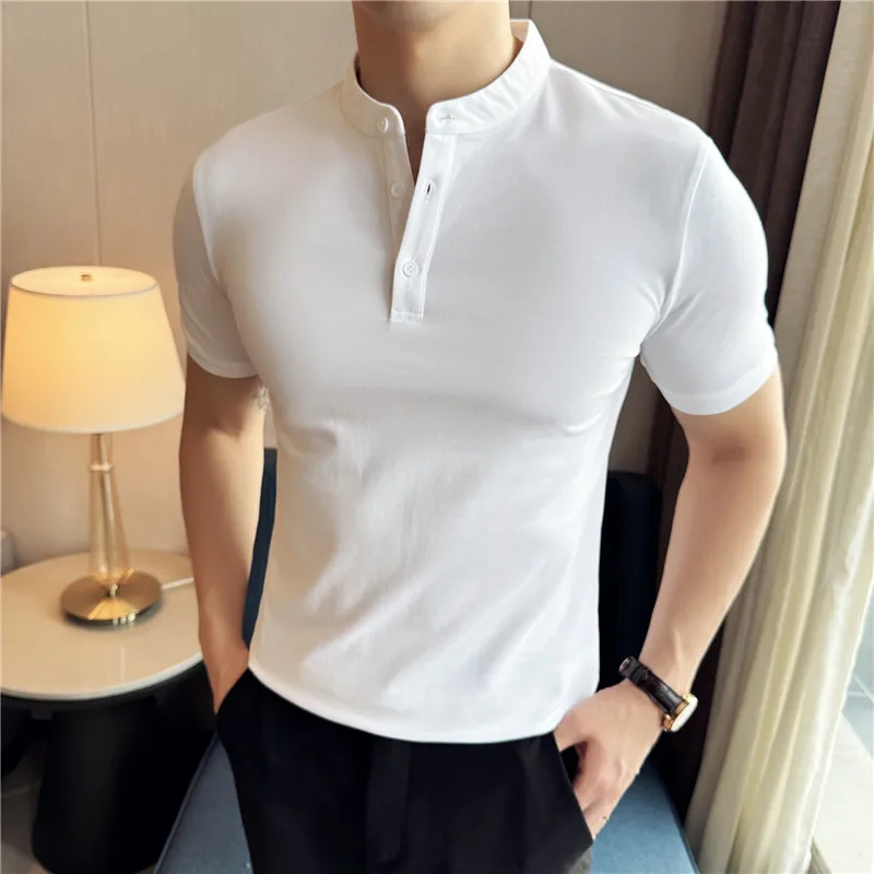 Men Short Sleeved Polo Shirt Summer Light Thin Henry Collar Basic Top Solid Casual Slim Fit T-shirt High-quality Men Clothing