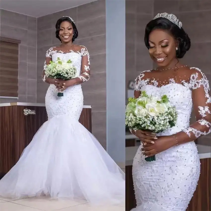 Customized African Luxury Beading Mermaid Wedding Dress Long Sleeve Appliques Pearls Wedding Gowns Black Bride Vestido de noiva