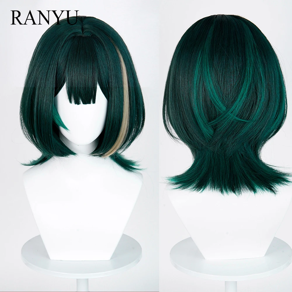 Dark Green Flaxen Highlights Short Straight Synthetic Wigs with Bangs Anime Game Cosplay Fluffy Wig for Daily Party