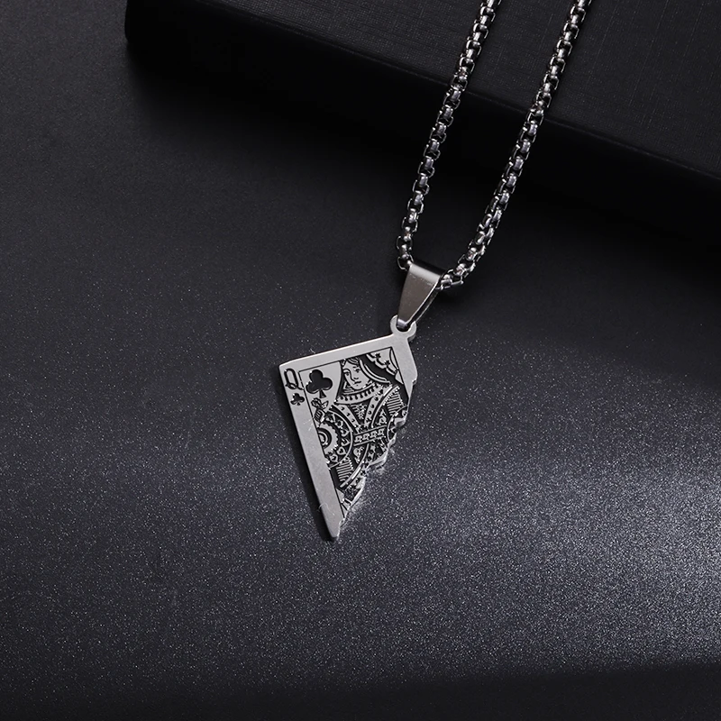 Stainless Steel Half Playing Card Pendant Necklace Lucky Rock Hip Hop Boys Girls Couple Necklace Gift Jewelry