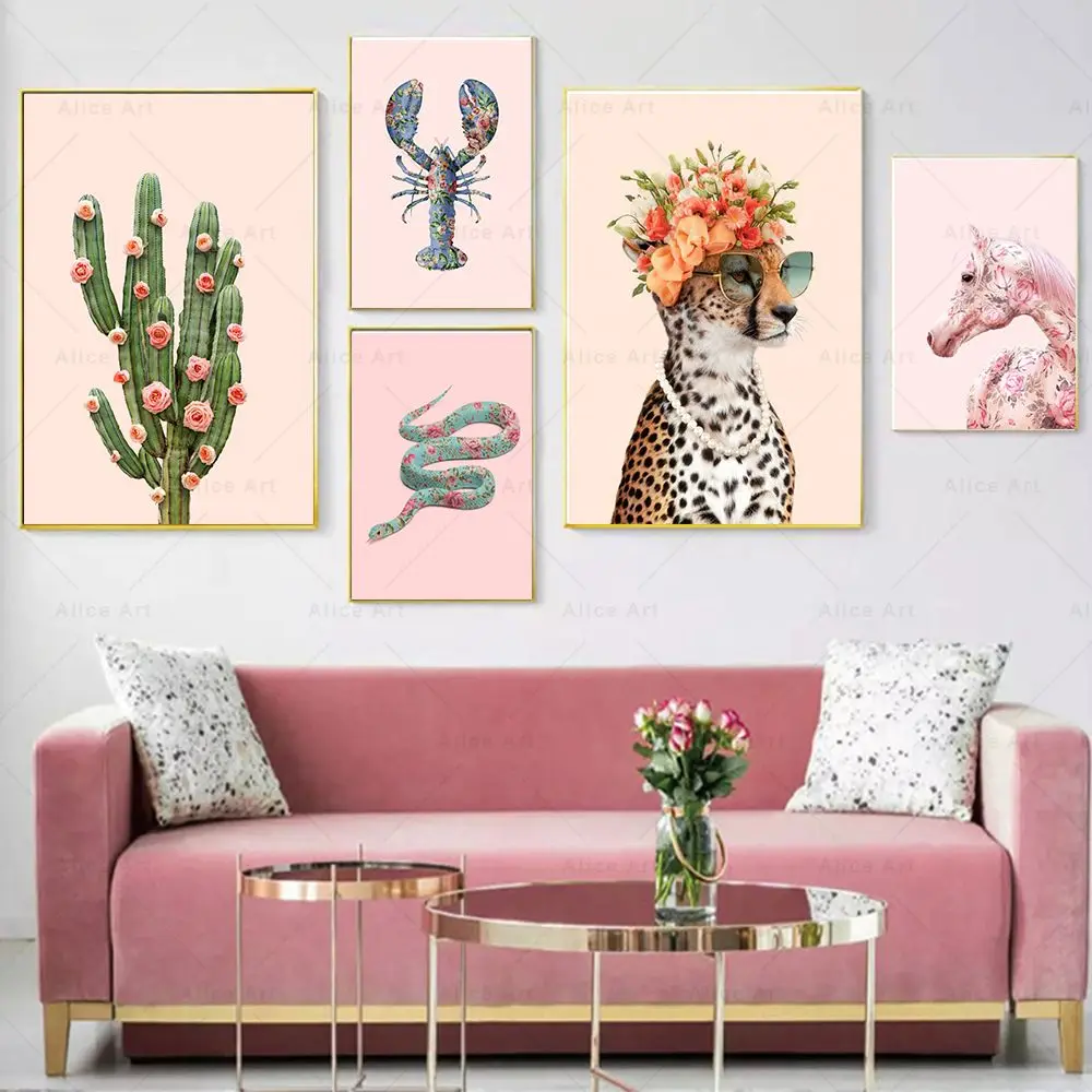 Kawaii Kids Room Decor Pink Blue Floral Pizza Lobster Horse Cactus Wall Art Canvas Painting Flower Power Poster Prints Pictures