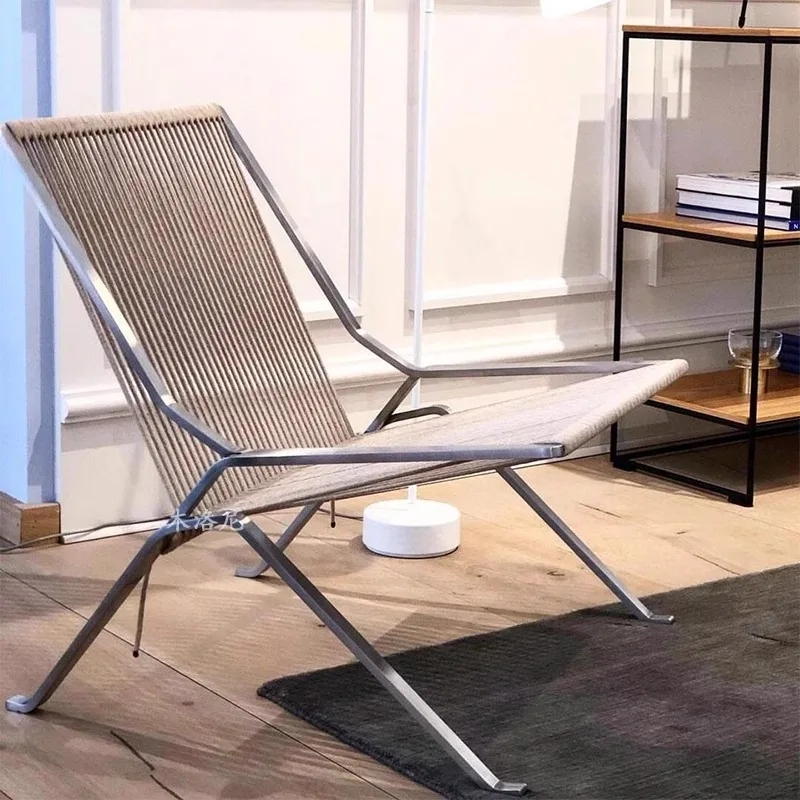 

Минималистичное кресло для отдыха, плетеное из веревки, с элементами из нержавеющей стали, в стиле Баухаус, одноместное кресло-реклайнер.