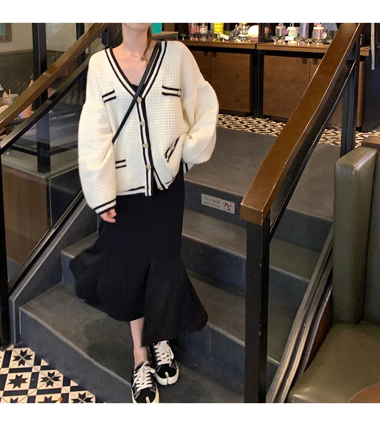 Cárdigan de mujer con botón pulido, bolsillo frontal falso, cuello en V, suéter de punto de una sola botonadura, abrigo, traje elegante de Otoño Invierno