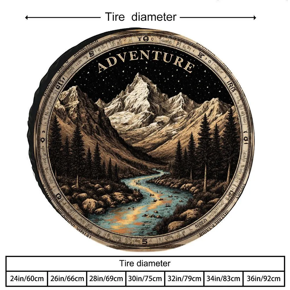 Vintage Adventure Mountain Starry Sky Print Tire Cover Polyester Spare Tire Protection for Cars SUVs Trucks RVs