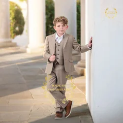 Boys' Desert Beige 3-Piece Suit, Customized Formal Attire Ensemble for Children, Wedding School Performance Tailcoat