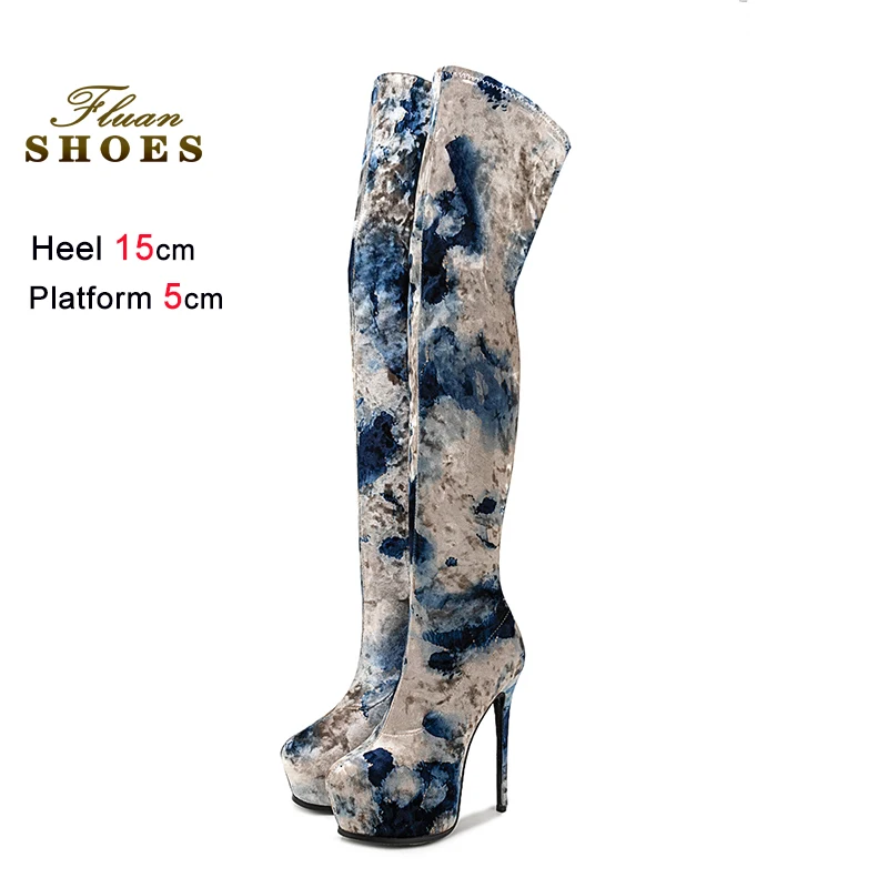 

Sexy Slim Leg elastic Velvet Over-the-knee Boots For Women Pole Dance Shoes Winter 15CM Stiletto Heels Camouflage Thigh Boots CD