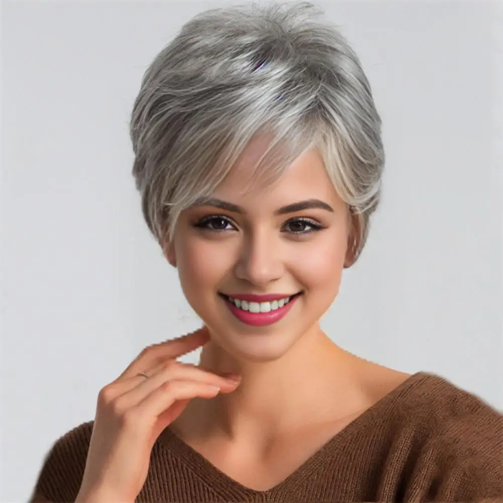 

Women Short Curly Wig With Bangs Fluffy Natural Looking Silky High Temperature Fiber Middle Aged Ladies Bobo Short Synthetic Wig