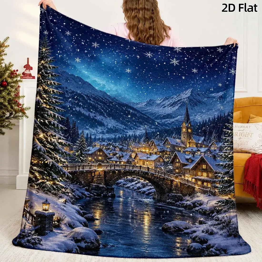 1pc 2D Flat Throw Blanket, Snowy Mountain Village Pattern, Oil Painting Winter Town, Dark Blue Night Sky Glowing Lantern Blanket