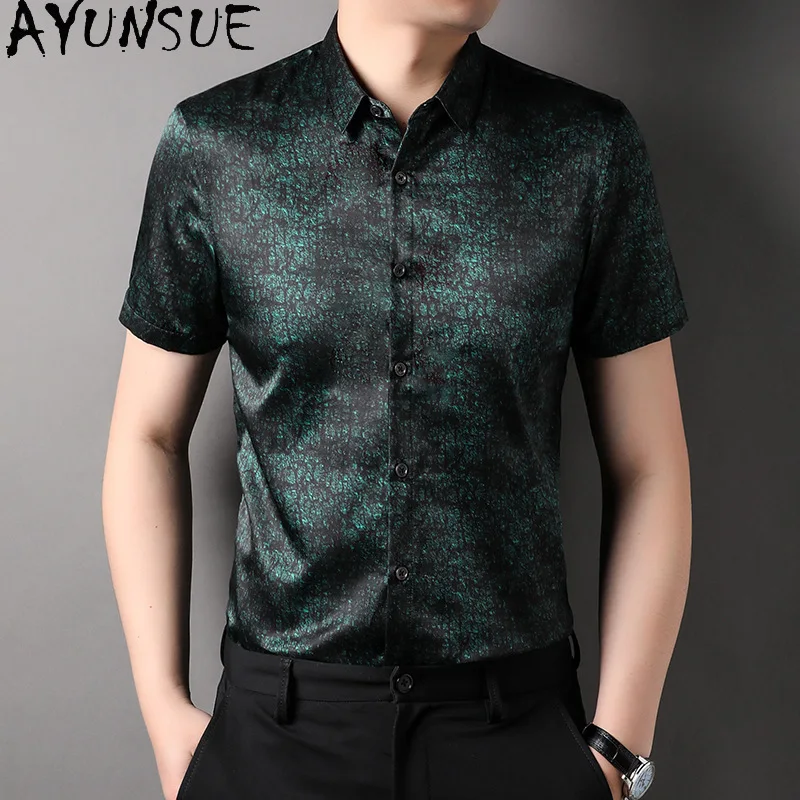 AYUNSUE 34.1% Mulberry Silk Men Shirt 65.9% Cotton Mens Summer Shirt Mens Shirts Short Sleeves Camisas De Hombre Men Clothing