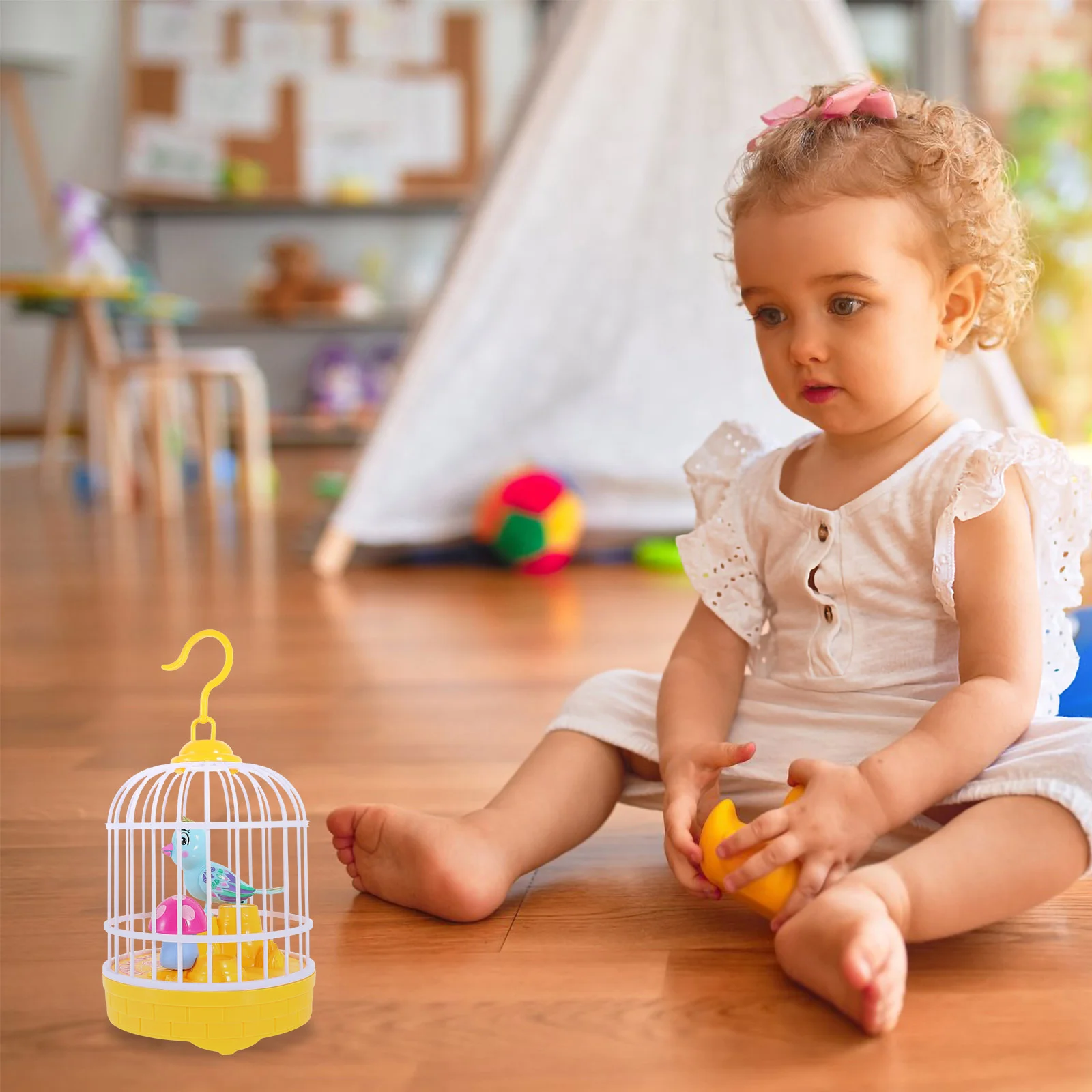 Juguete de simulación de pájaro para niños, jaula de música ligera, juguetes para cantar, jaula para niños activada por voz