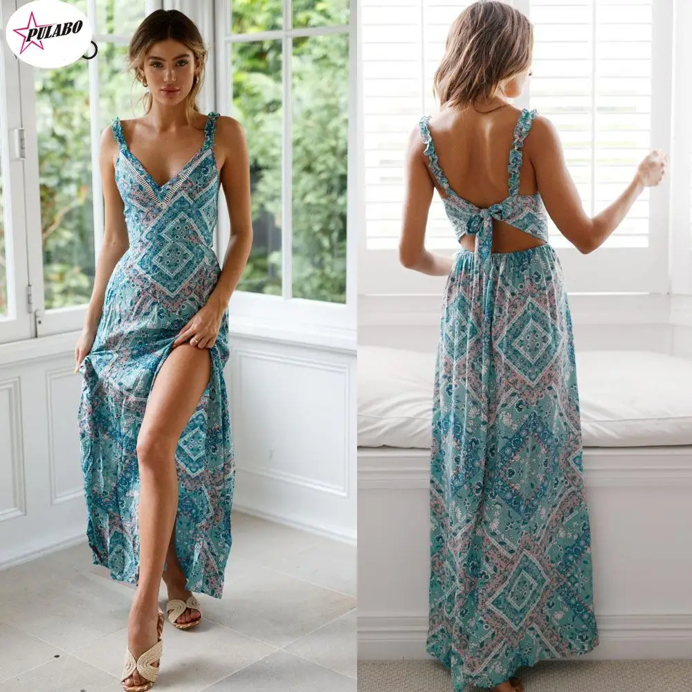 

PULABO Womens Summer Boho Maxi Long Evening Sexy Party Beach SunFloral Halter Robe Femme Summer Vestidos Female robe Dress