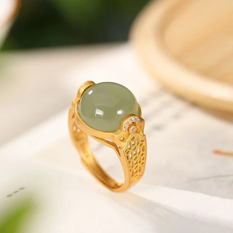 Ancient gold technology inlaid crystal round natural Hotan jasper rings for women classic design jewelry opening adjustable