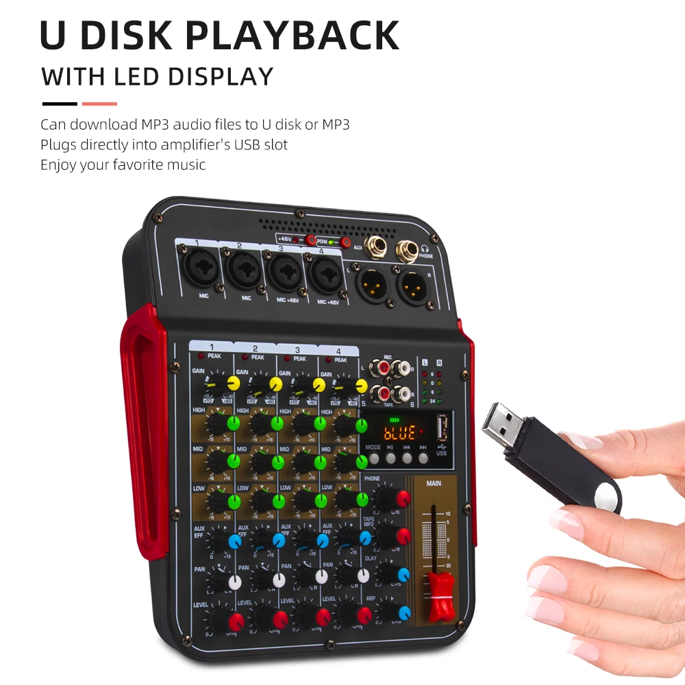 6 Channel Audio Mixer USB Interface 48V Phantom Power with effects Audio mixing recording Mixing Console Portable