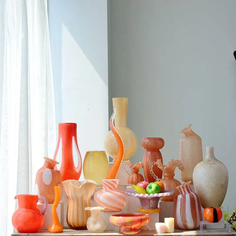 

Modern Minimalist Handmade Orange Glass Flower Vase Home Living Room Decorative Accessories Floral Arrangement Home Ornaments