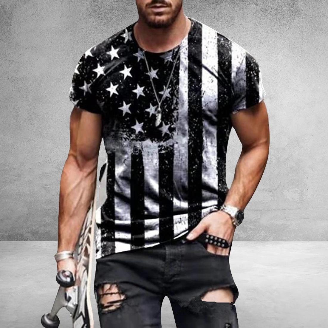 2023 Men\'s T-shirt American Flag Print T-shirt Summer Round Neck Cool Oversize Muscle Streetwear Clothing Tshirt Men