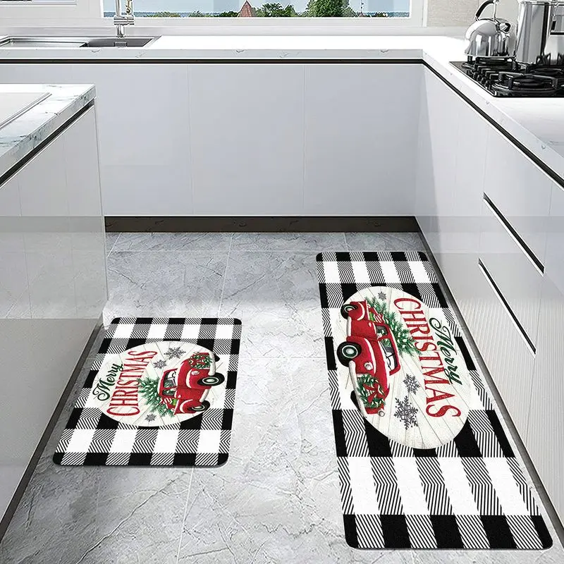 VIKAMA Buffalo Check Christmas Kitchen Mat Retro Red Truck Merry Christmas Non Slip Entryway Rug Washable Festive Home Decor
