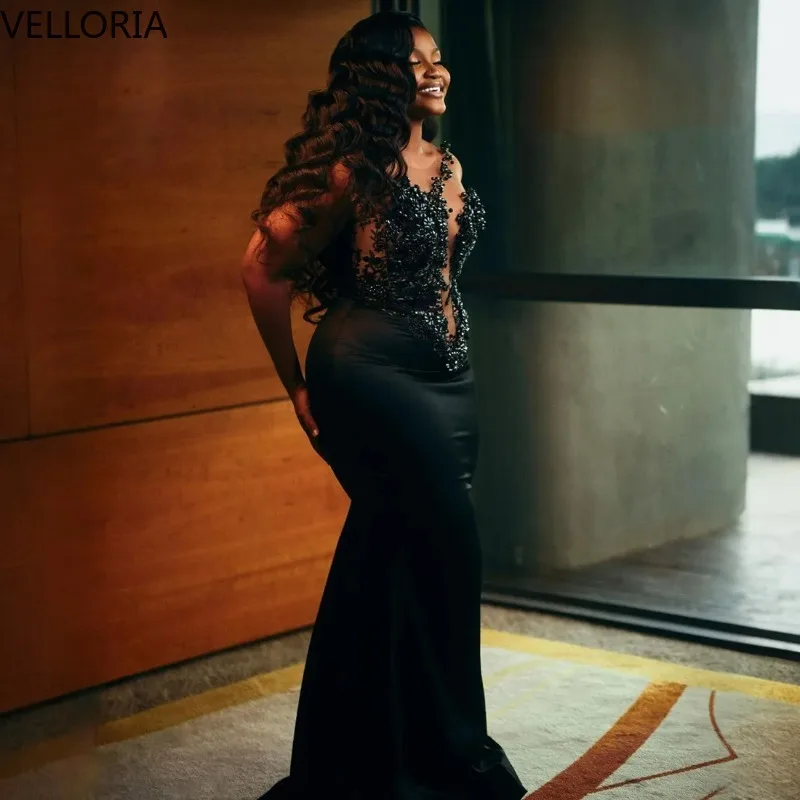 

Elegant Black Mermaid Evening Gown for Women Long Sleeveless Formal Dress with Beaded Lace Bodice Plus Size Party Dress Custom