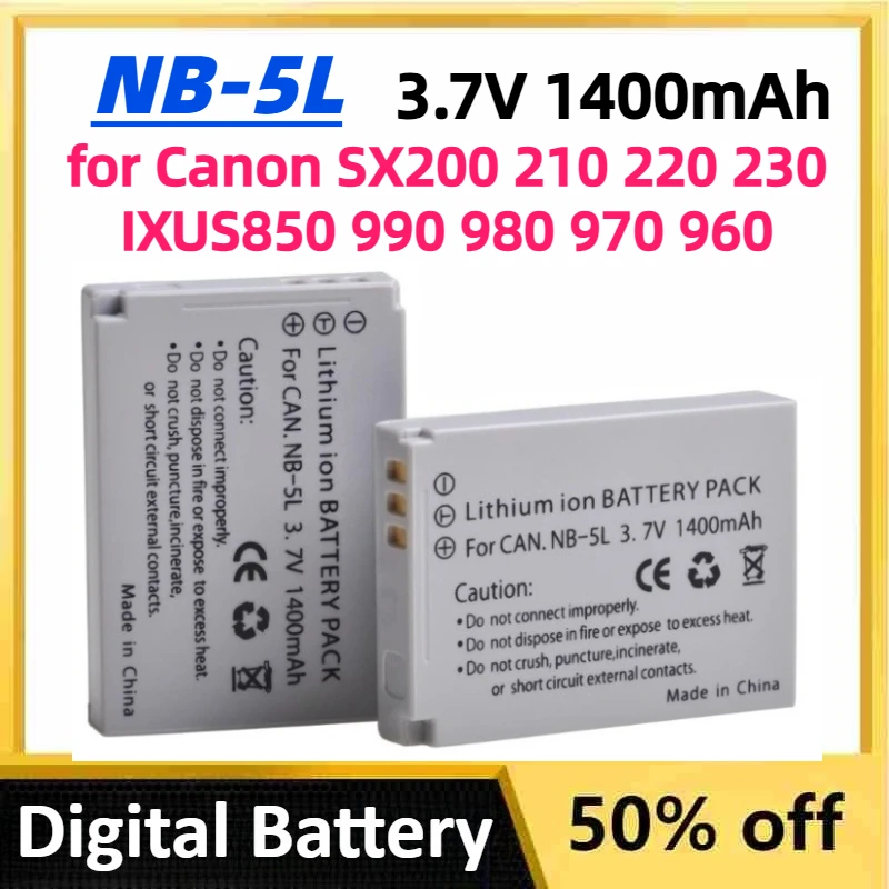 

For Canon NB-5L NB 5L NB5L Digital Battery 3.7V 1400mAh for Canon Powershot S100 SX200 SX210 IS SX230 HS SD790 SD850 SD890