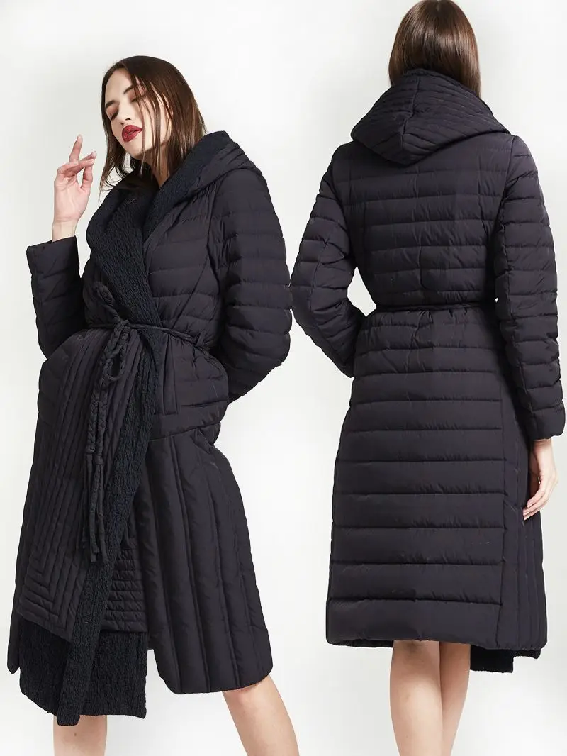 Winter new fashion fluffy Hooded duck down coats jacket female longer warm down coat with belt wq630