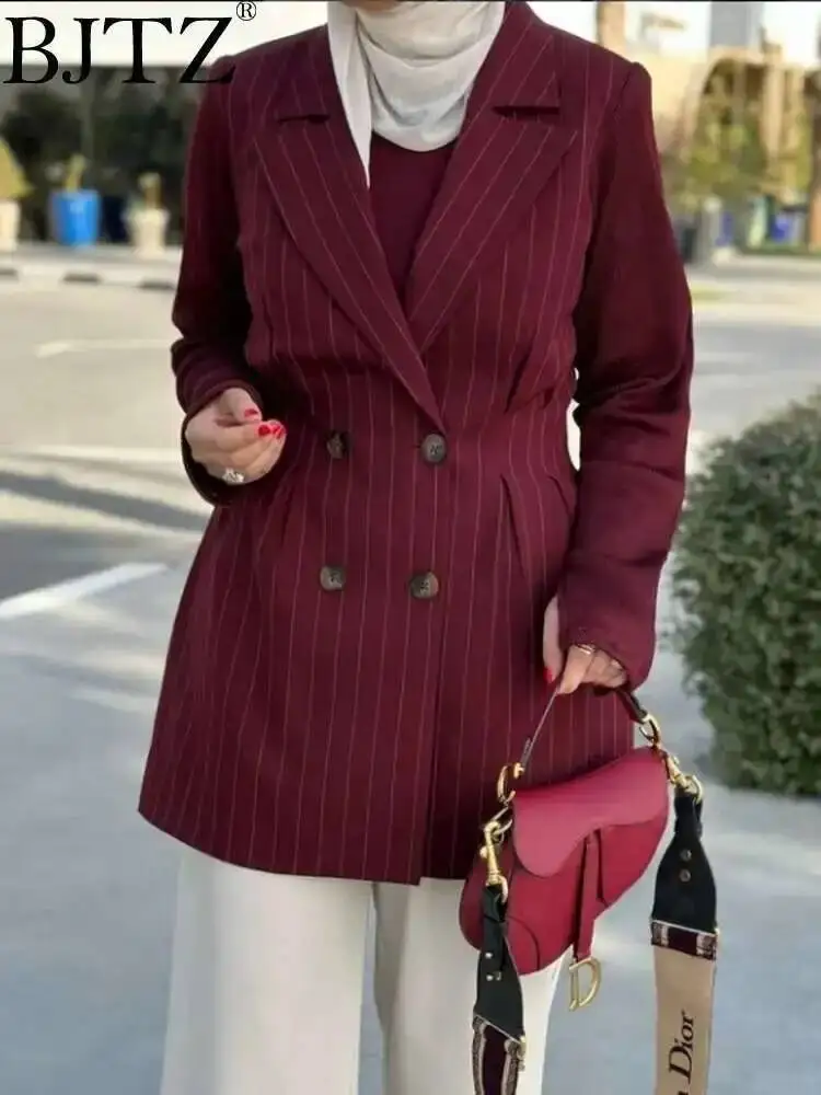 

BJTZ Striped Pleated Red Blazer Jacket For Women 2025 Spring Autumn Versatile A-line Waist Long Sleeve Notched Blazers Coat