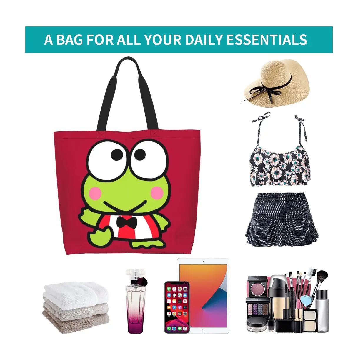 Keroppi bolso de compras Cartoo de rana de ojos grandes, bolso de hombro de lona de gran capacidad, bolso de compras para mujer