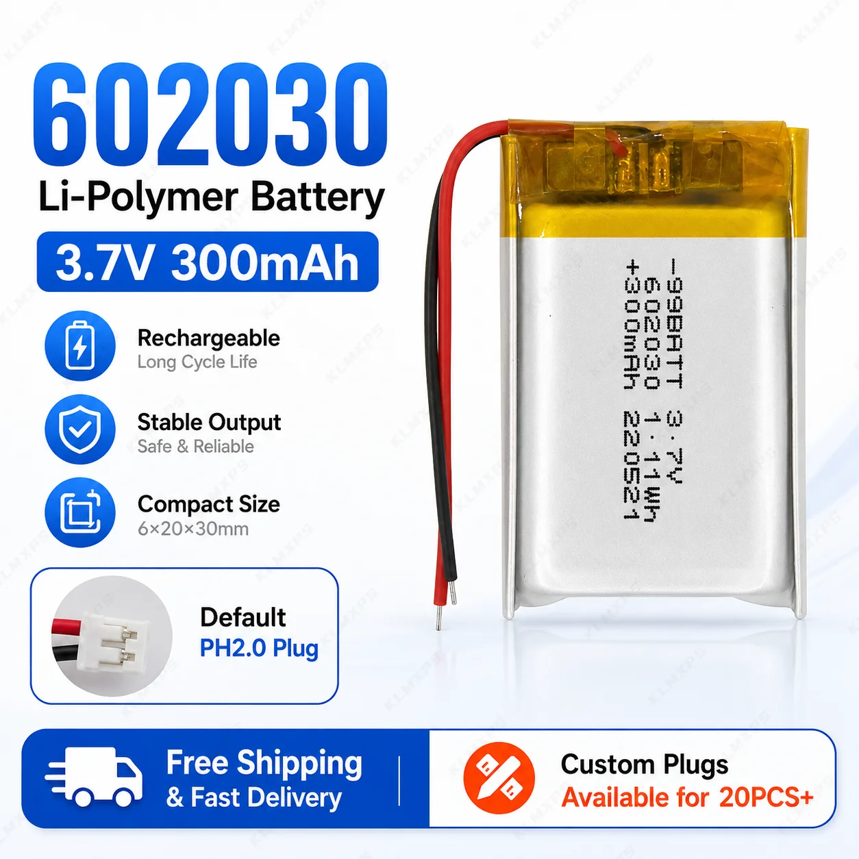 

High Stability 602030 Lithium Battery 3.7V 300mAh PH2.0 Connector Replacement for Bluetooth Earphone