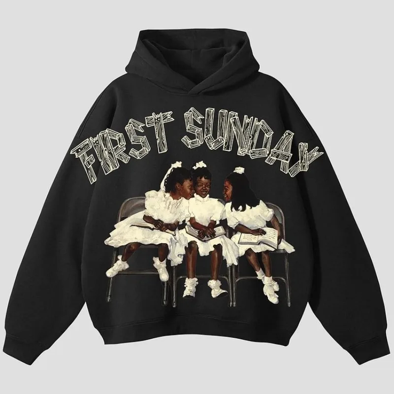 Vintage First Sunday Faith Graphic Simple Pocket Hoodie Men Autumn Long Sleeves Casual Oversize Sweatshirt Streetwear Women Tops