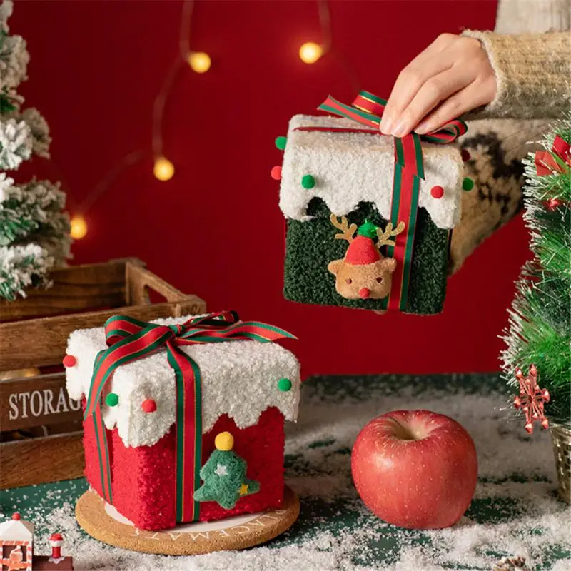 Christmas Gift Box Reindeer Xmas Tree Felt Box with Ribbon Multifunctional Plush Candy Treat Box for Small Gifts Snacks Christma