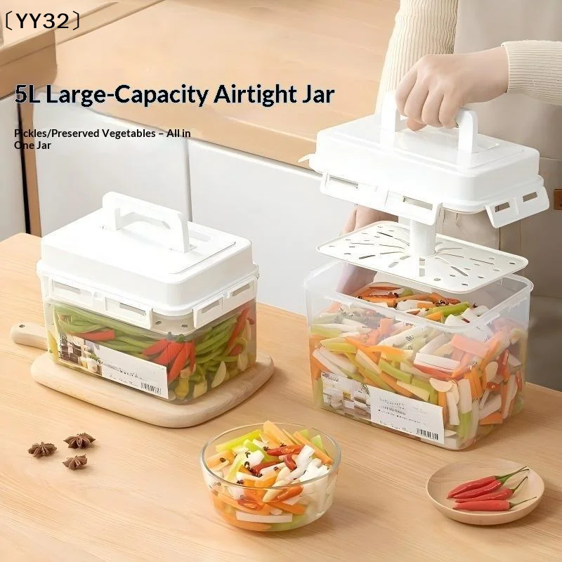 1Pc 4L Airtight Pickle Jar Plastic Leakproof With Press Plate Storage Container For Gherkin Sauerkraut Olive Kimchi Bin〔YY32〕
