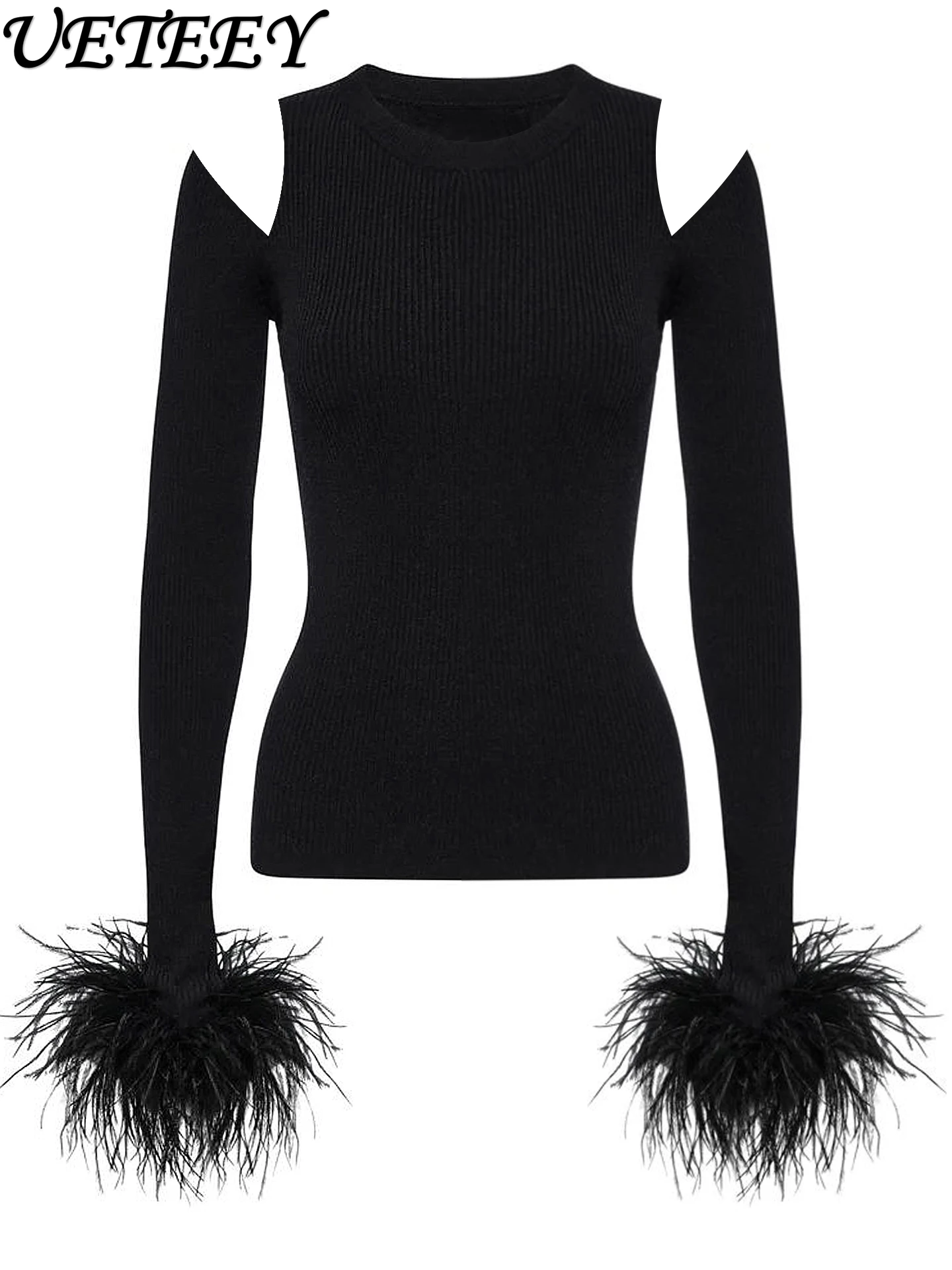 

2026 Spring New Sexy Hot Girl Off-Shoulder Black Stretch Knit Base Shirt with Ostrich Feather Patchwork Slimming Pullover